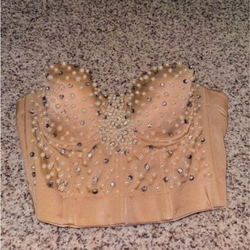 Nude corset top with pearls and rhinestones